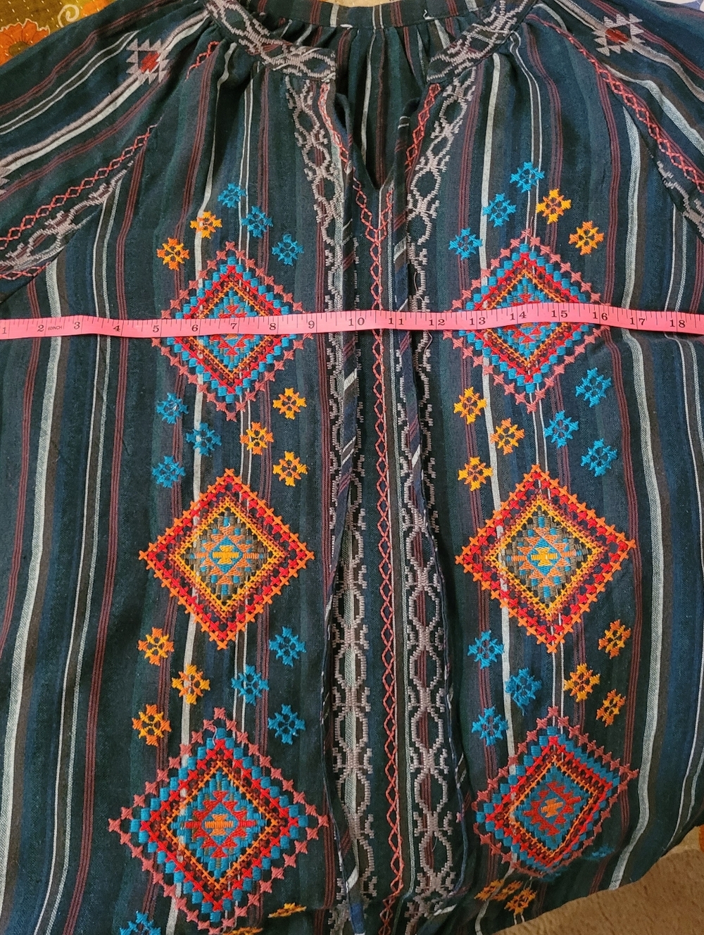 Embroidered Boho Tunic in Teal, Red & Yellow, Medium - Picture 7 of 9